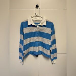NWT Aerie Women's Blue and Grey Stripes Long Sleeve Polo Shirt. Size Xs.